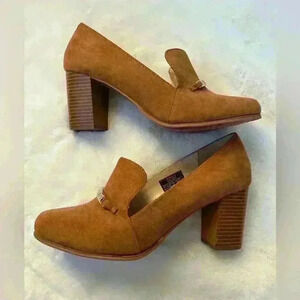 Tan Suede Chunk Heel Loafers